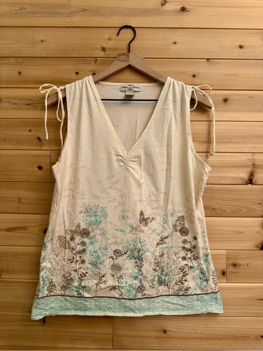 Y2K Vintage Large Tie Shoulder Pinch Bodice Butterfly Floral V Neck Tank Top